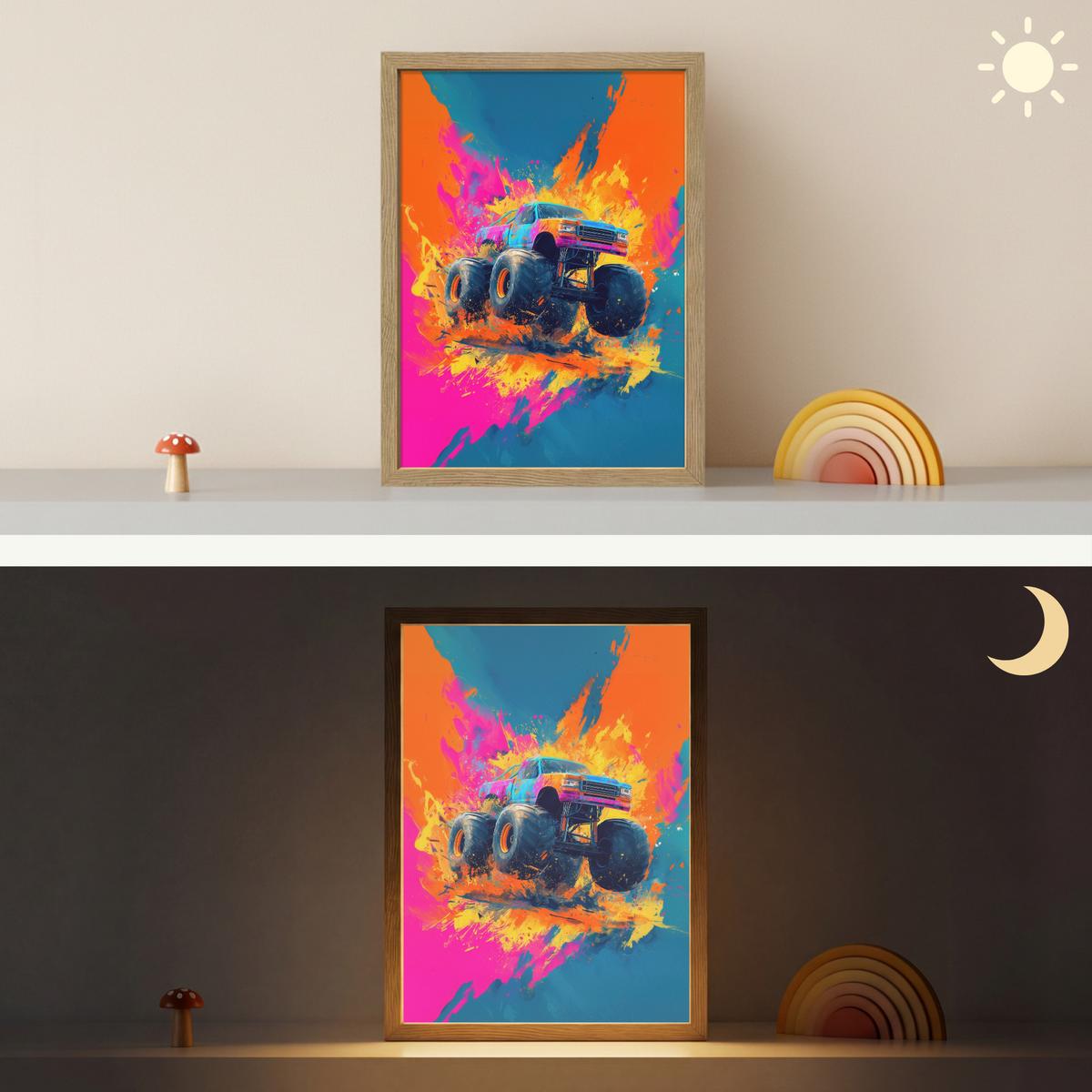WANDLEUCHTE MIT AKKU Monstertruck - Abstrakt - Farbspritzer - Farbenfroh 30x40 cm - Pink, Holzwerkstoff (30/40/8cm) - OnlyWow