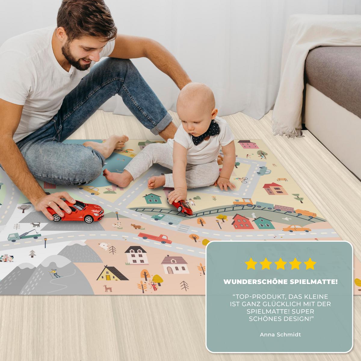 KINDERTEPPICH Jahreszeiten - Stadt - Häuser - Straße - Kinder - Auto Spielmatte 135x90 cm - Multicolor, Kunststoff (135/0.3cm) - OnlyWow