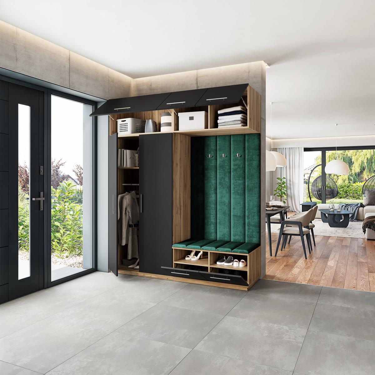 GARDEROBENSCHRANK REMA 200/240/60 cm Modern Garderobe-Set Eiche Wotan - Eiche Wotan/Schwarz, Holzwerkstoff (200/240/60cm) - MASSENO