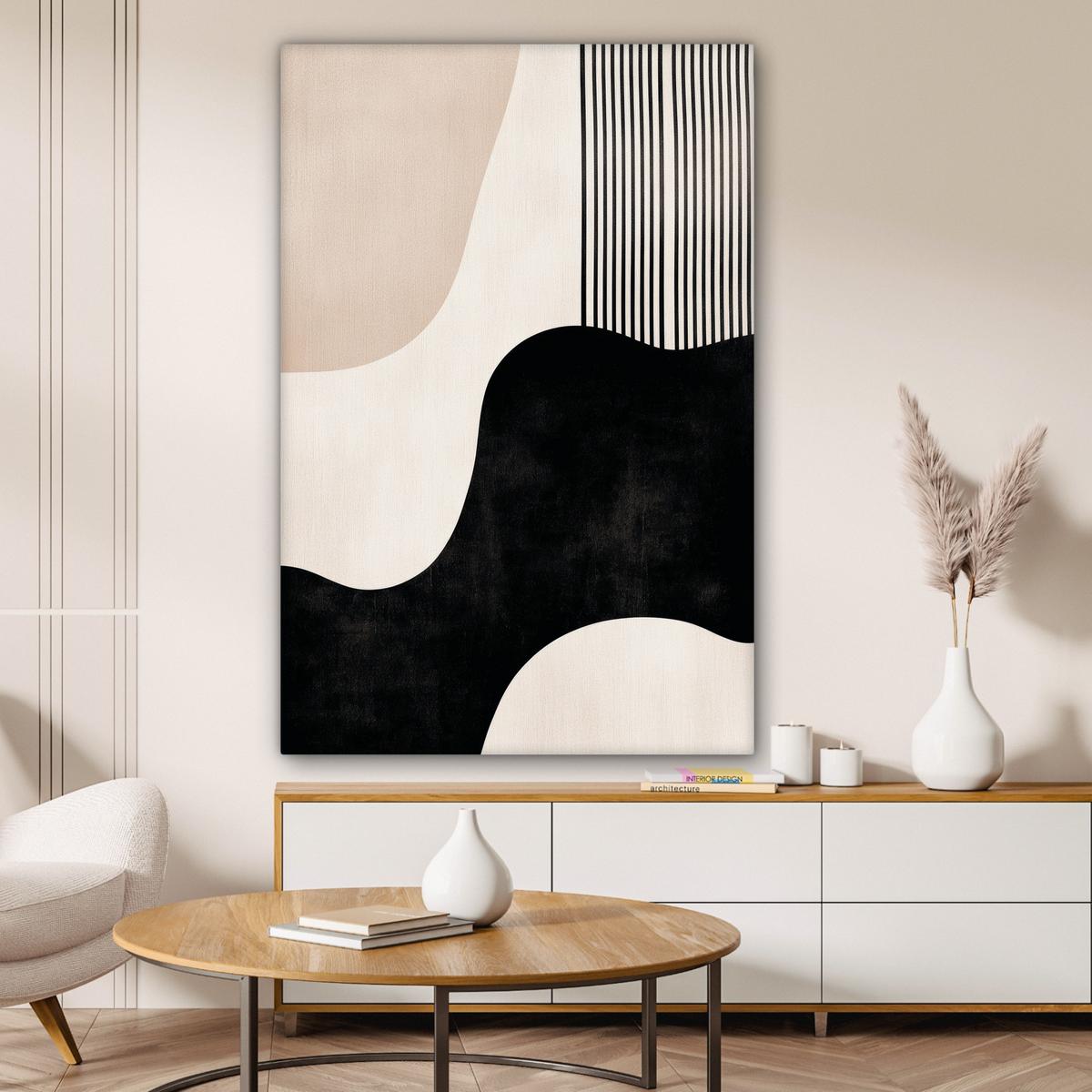 LEINWANDBILD Abstrakt - Japandi - Beige - Modern Deko XXL 80x120 cm - Schwarz, Textil (80/120cm) - MuchoWow