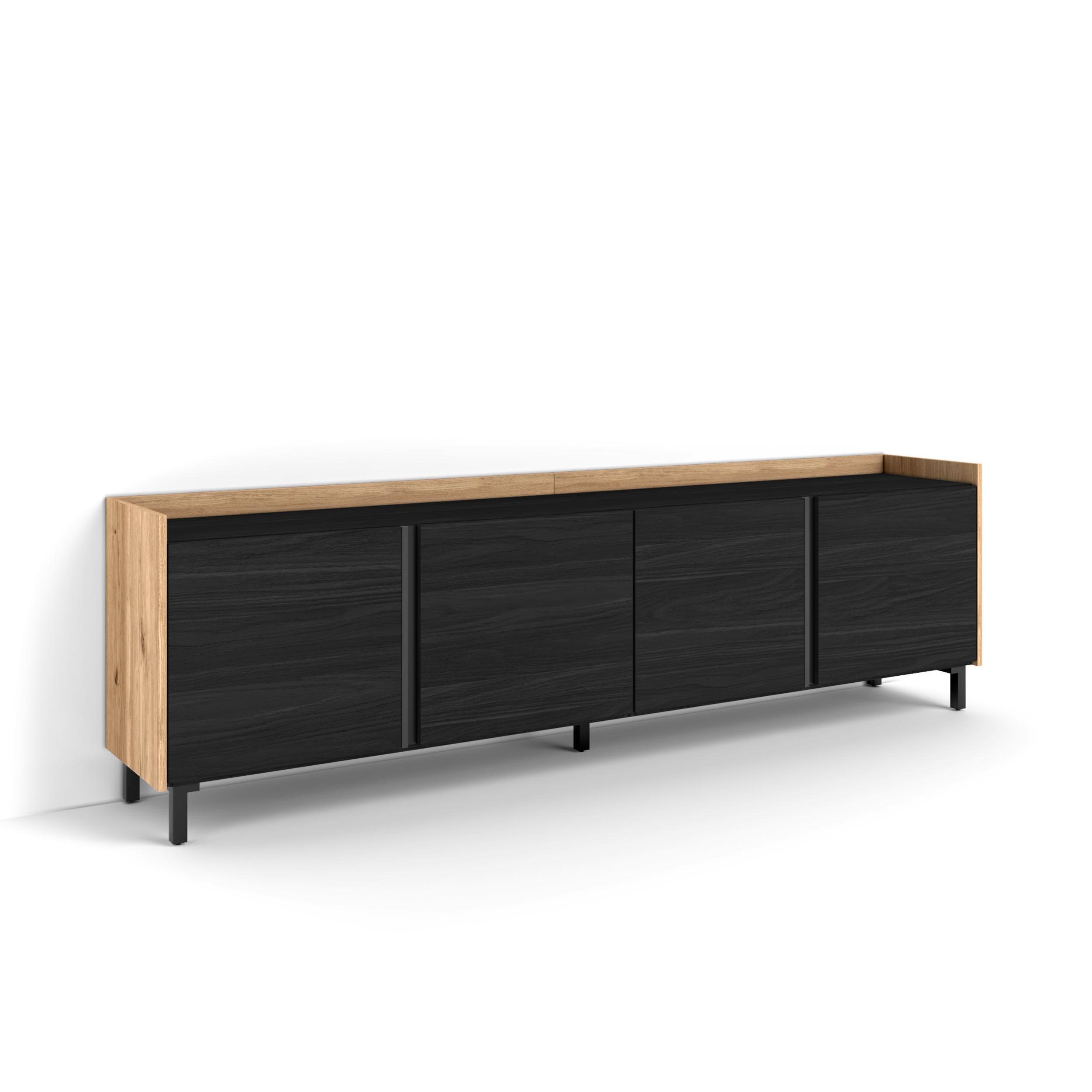 LOWBOARD, Schwarz und Eiche, 207/35/61cm, mit Beinen - Schwarz, Holzwerkstoff (207/61/35cm) - Skraut Home