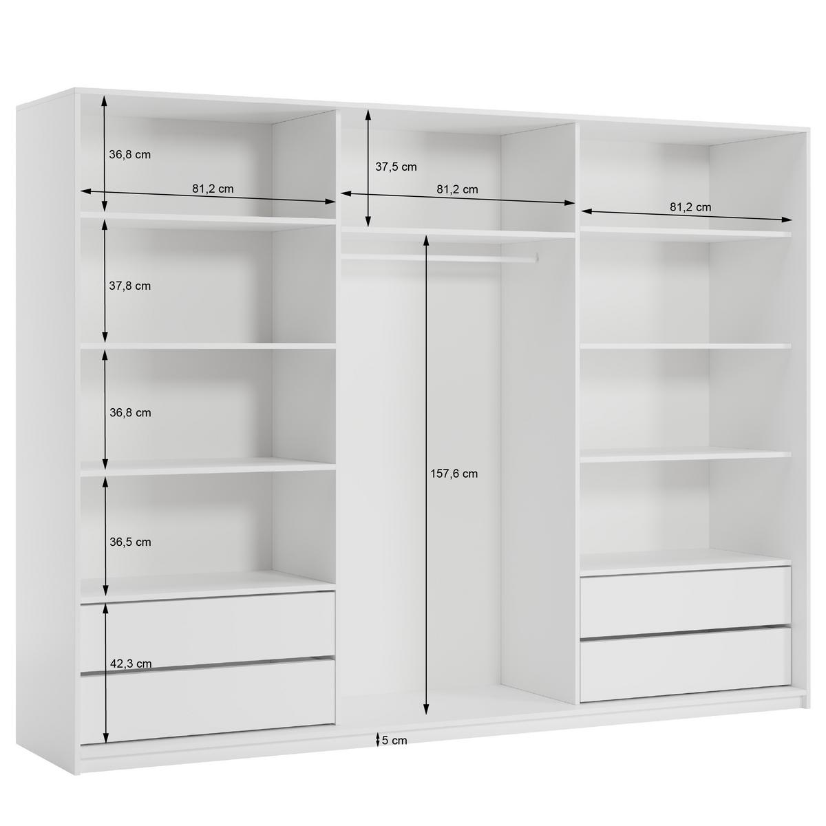 SCHWEBETÜRENSCHRANK NISSE 250/205/60 cm 3-türig mit Schubladen Kaschmir - Kaschmir/Goldfarben, Holzwerkstoff (250/205/60cm) - MASSENO