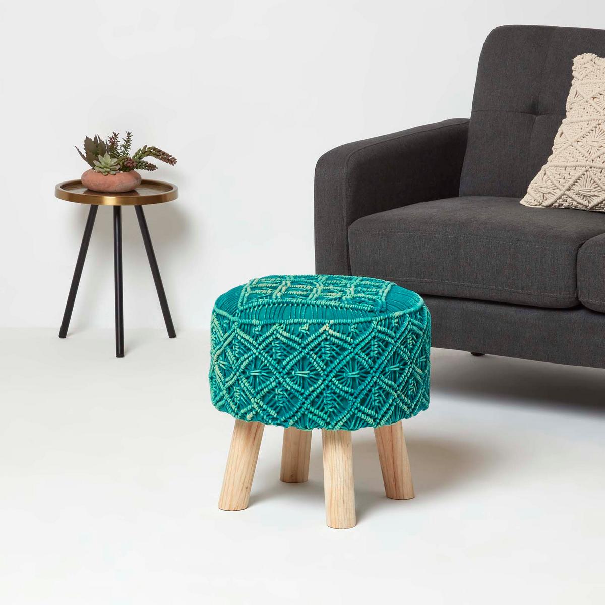 MAKRAMEE-HOCKER Willow petrolgrün, 41/41/43 cm - Grün, Textil (41/43/41cm) - Homescapes