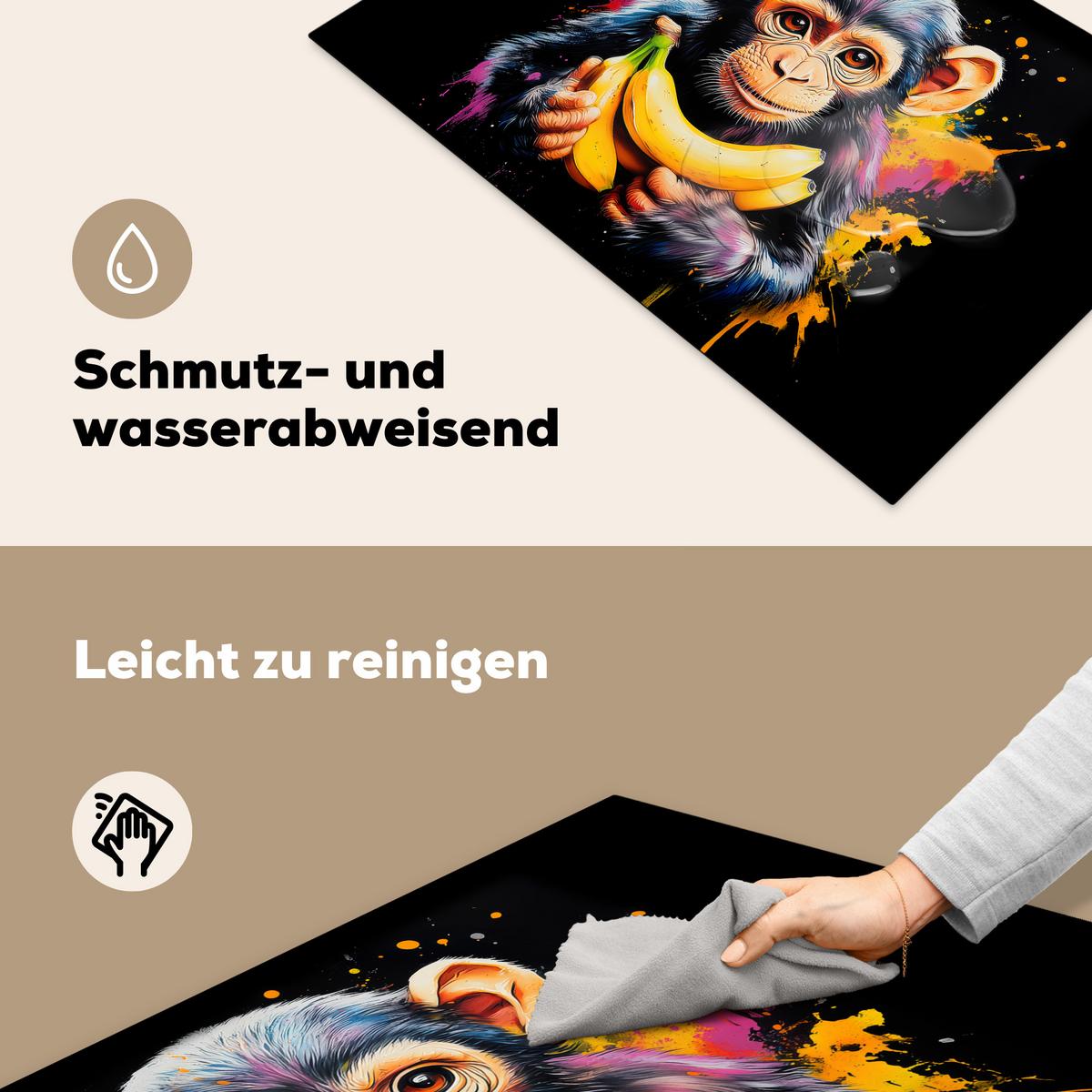 HERDABDECKPLATTE Affe - Graffiti - Farbenfroh - Bananen - Modern Induktionsschutz 80x52.2 cm - Gelb, Kunststoff (80.2/52.2/0.2cm) - MuchoWow