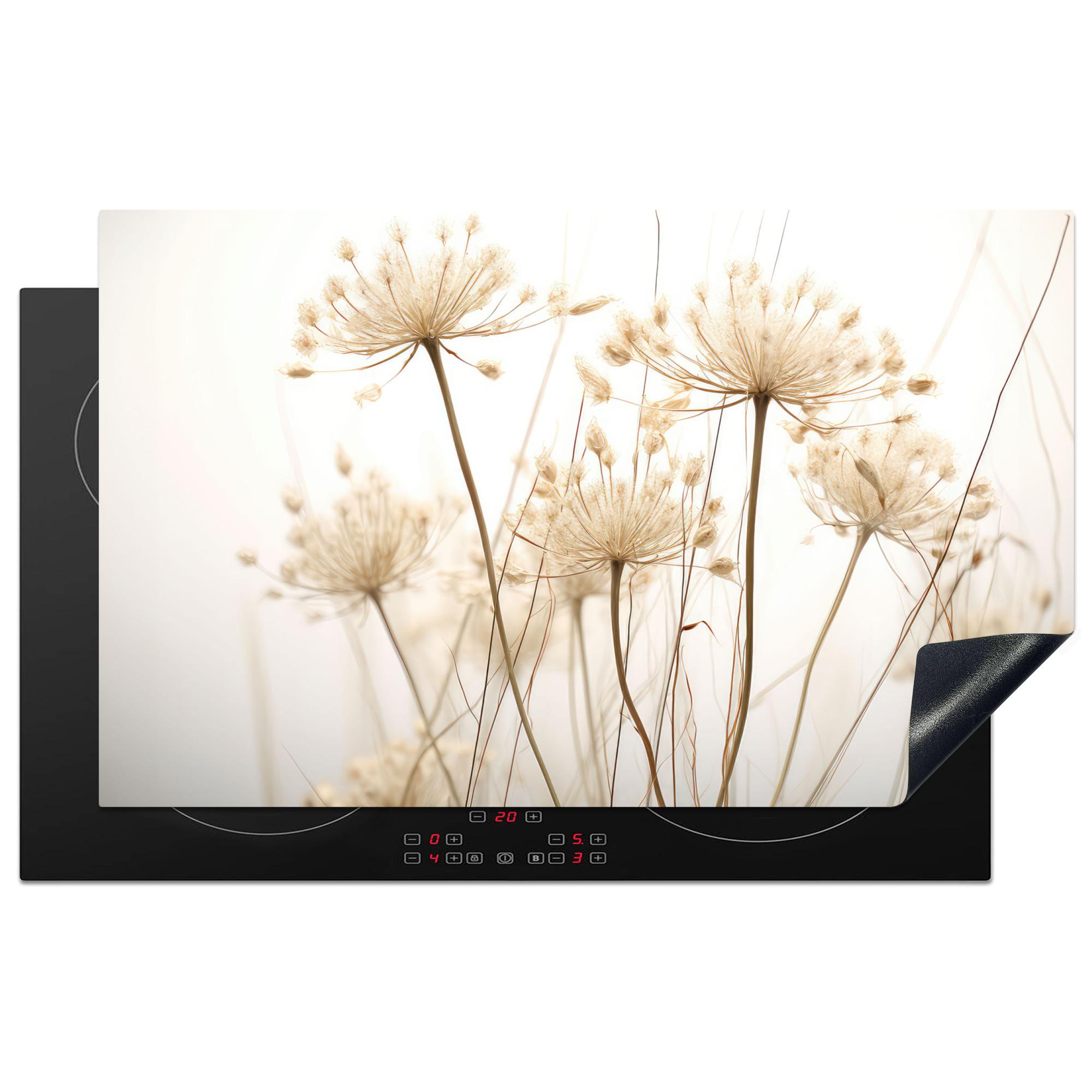HERDABDECKPLATTE Blumen - Weiß - Sonnenlicht Ceranfeldabdeckung 85x52 cm - Ecru, Kunststoff (85/52/0.2cm) - MuchoWow