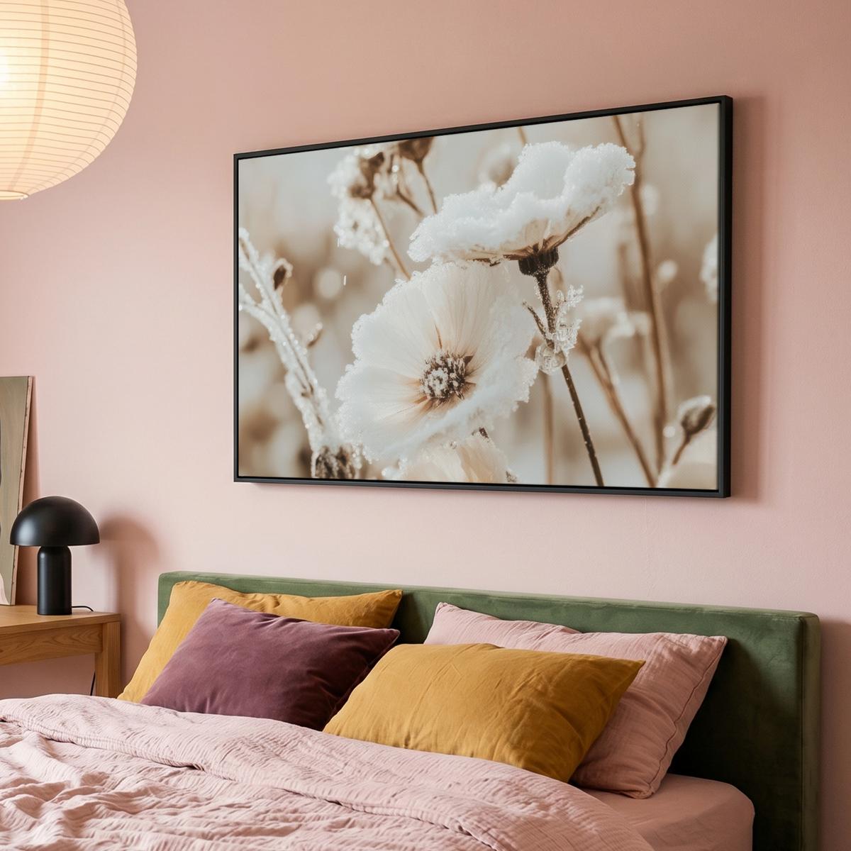 LEINWAND Bilder mit Rahmen - Blumen - Winter - Weiß - Schnee - Beige - 120x80 - Creme, Textil (120/80cm) - MuchoWow