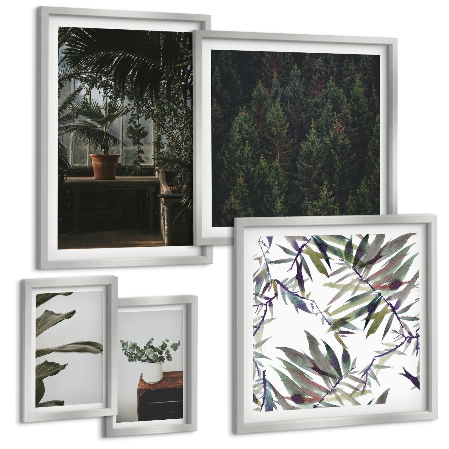 BILDER SET 5er Set - 50x50 cm & 20x30 cm & 40x60 cm Silberner Rahmen - Rustikale Topfpflanzen - Silberfarben, Kunststoff (40/60cm) - TULUP