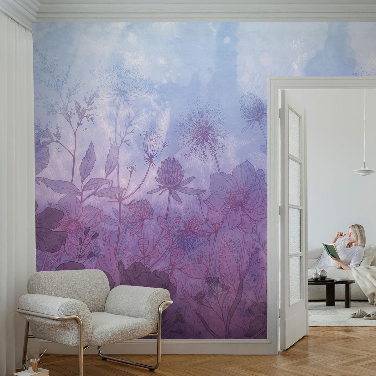FOTOTAPETE 416x254 cm - Pastellblumen - Blau, Textil (416/254cm) - Wallfluent