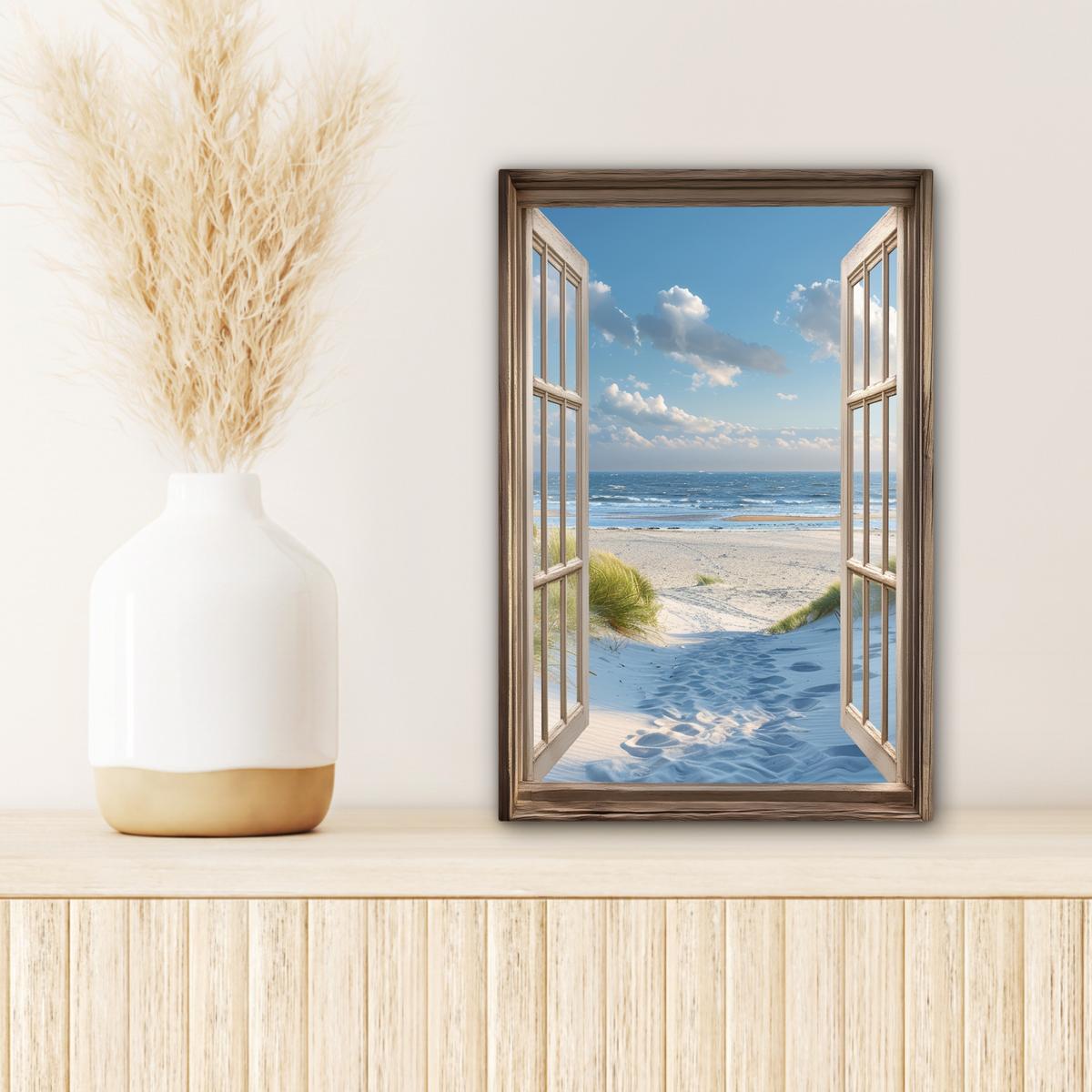 LEINWANDBILD Aussicht - Strand - Fenster - Dünen - Meer Deko Wohnzimmer 20x30 cm - Hellblau, Textil (20/30cm) - MuchoWow