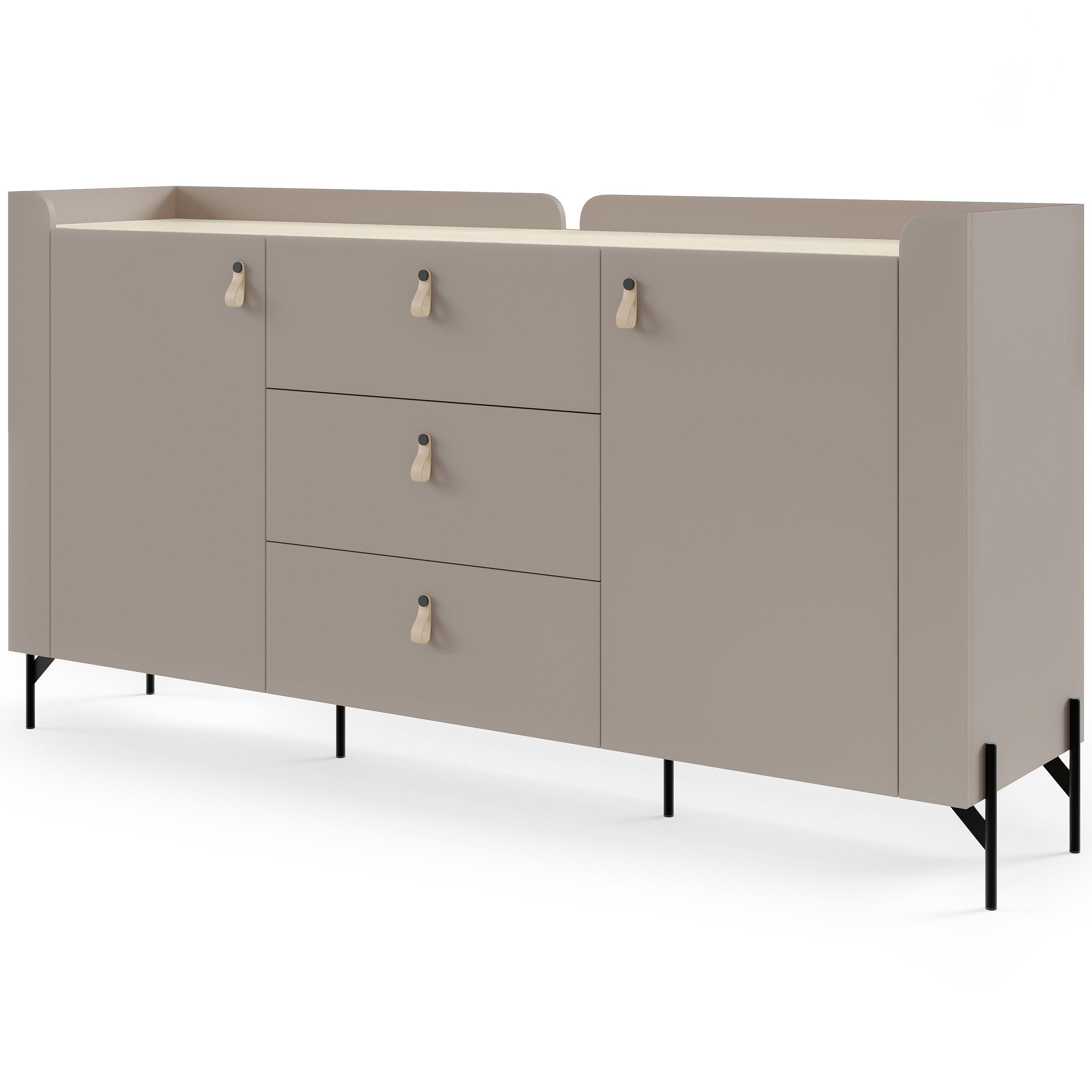 KOMMODE Sorella mit 2 Türen und 3 Schubladen, 180 cm, für Jugendzimmer, Porcini + Eiche Mavelie - Eichefarben/Cappuccino, Leder/Holzwerkstoff (180/95/42cm) - Beautysofa