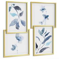 BILDER SET 4er Set - 50x50 cm & 40x60 cm Goldrahmen - Aquarell von blauen Blättern - Goldfarben, Kunststoff (50/50cm) - TULUP
