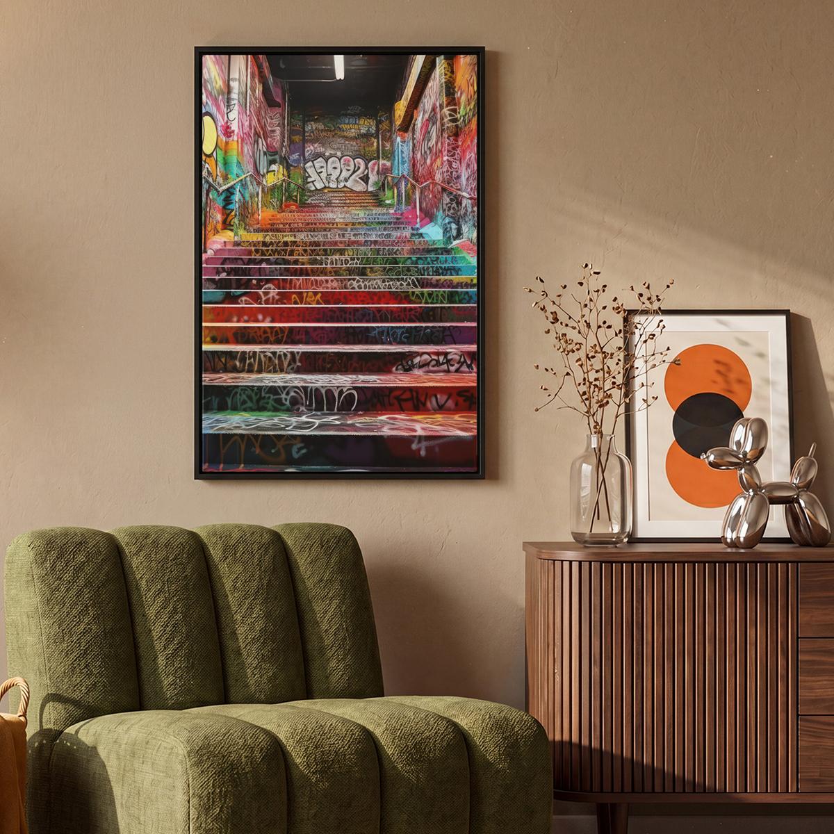 LEINWAND Bilder mit Rahmen - Treppe - Graffiti - Farben - Kunst - 60x90 - Multicolor, Textil (60/90cm) - MuchoWow