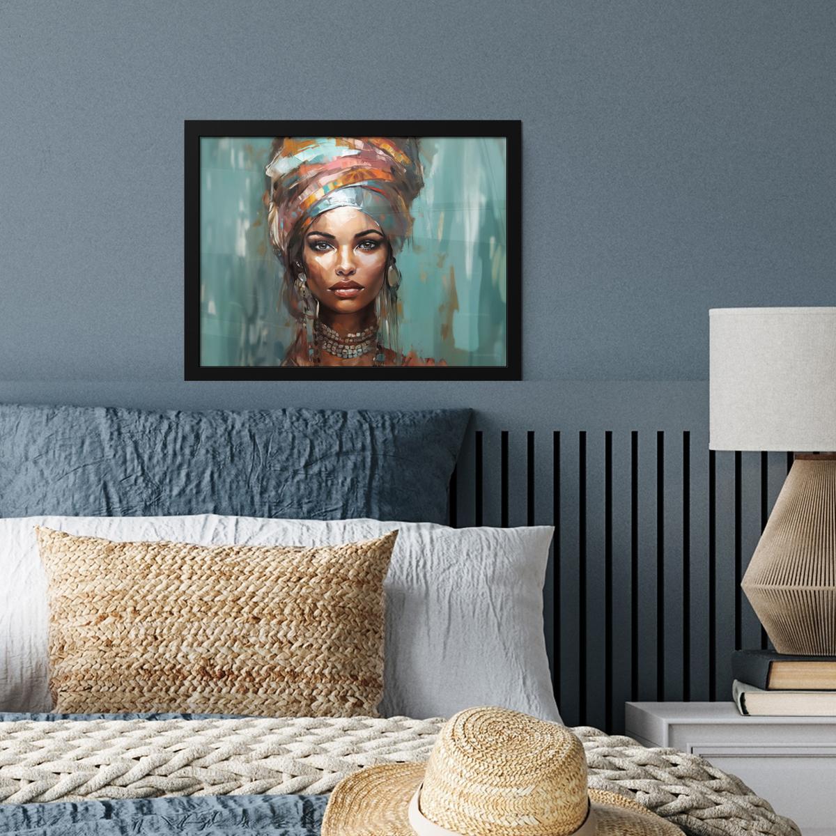 POSTER MIT RAHMENGERAHMTES BILD Frau - Kunst - Schmuck - Porträt 40x30 cm - Blaugrau, Papier (40/30cm) - MuchoWow