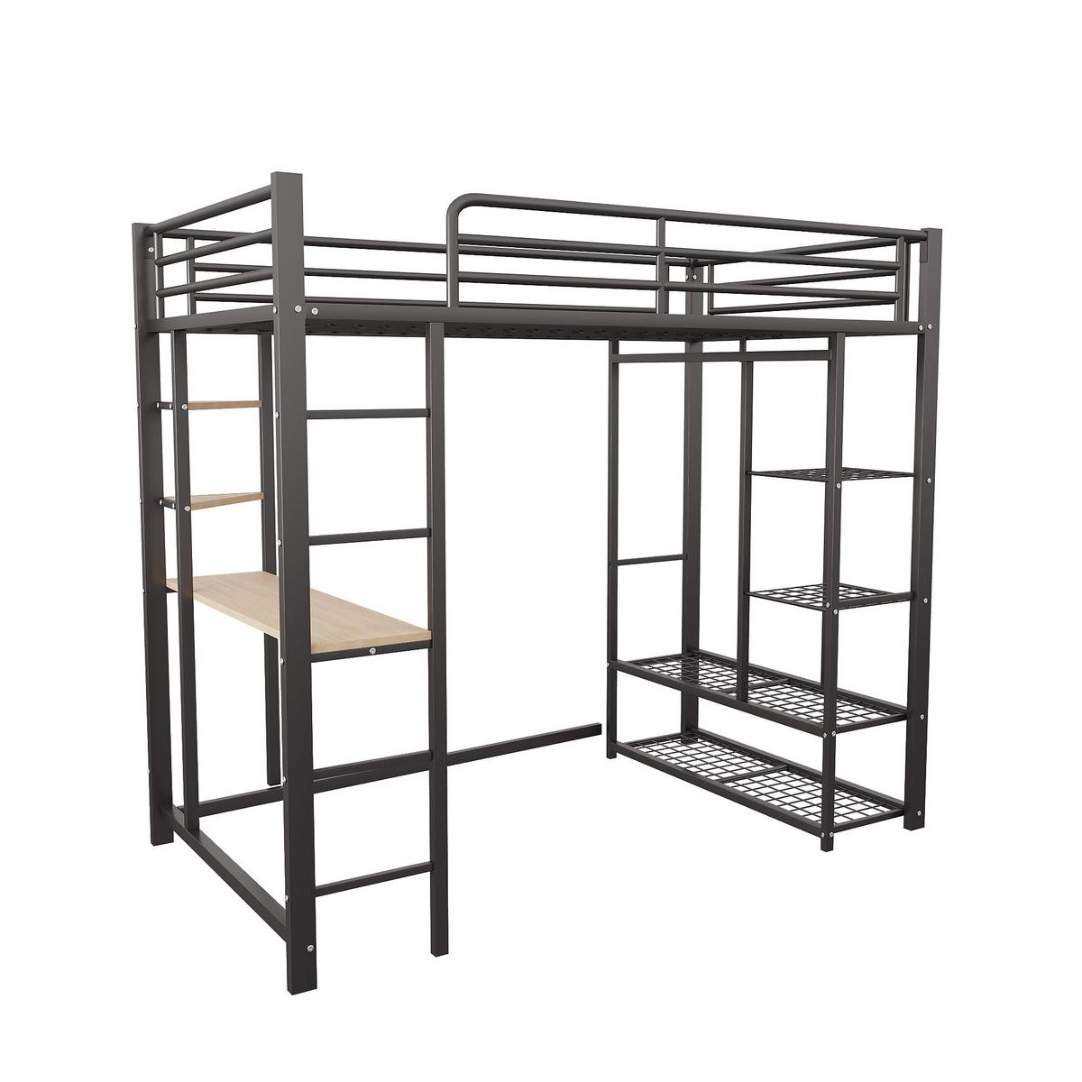 HOCHBETT mit Schreibtisch, Regalen und Stauraum - Schwarz, Holzwerkstoff/Metall - Urban Meuble