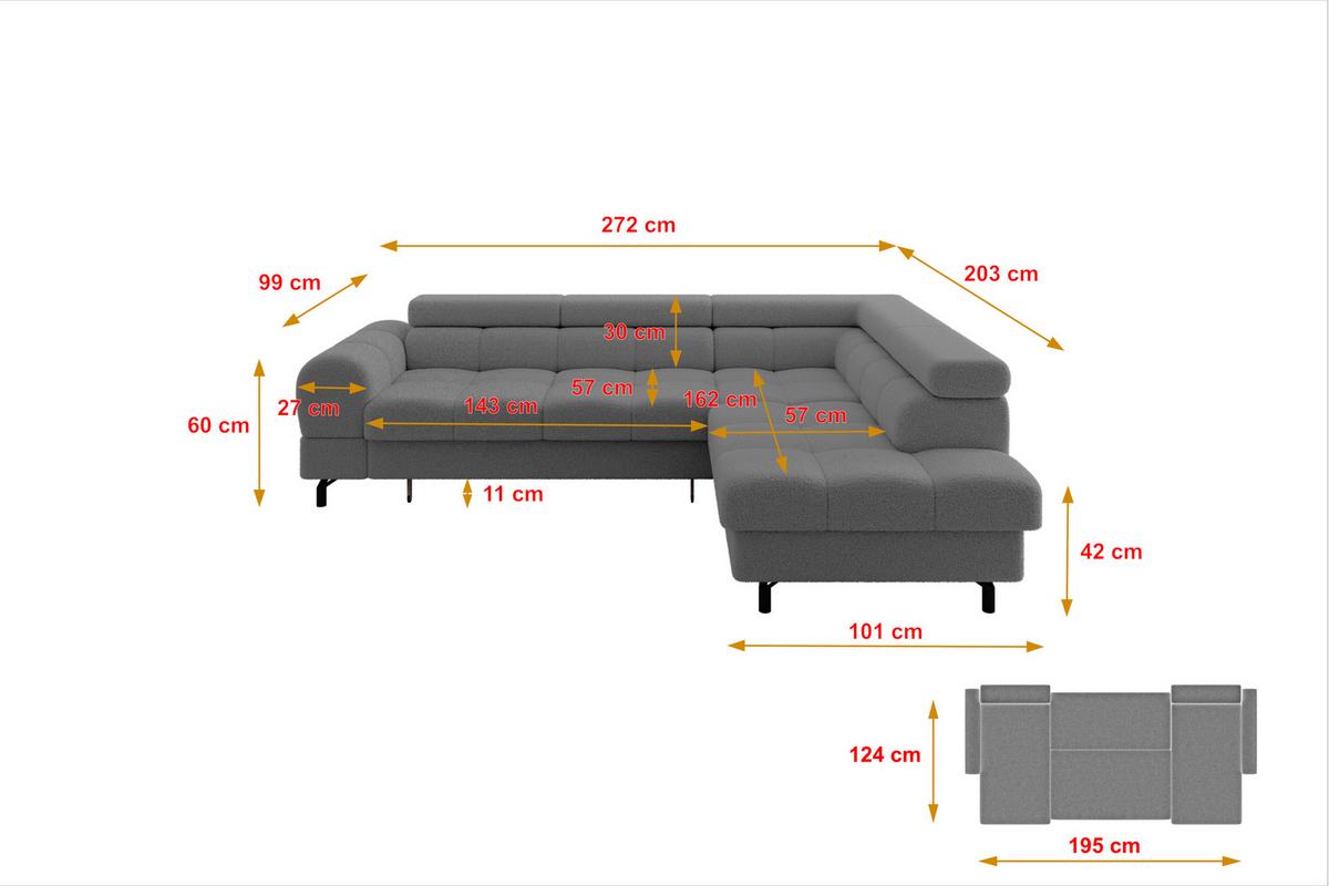 ECKSOFA mit Schlaffunktion Ottomane Rechts LUMA-L 272x203x70 Grau Bouclé - Schwarz/Grau, Holzwerkstoff/Kunststoff (203/272cm) - ALTDECOR