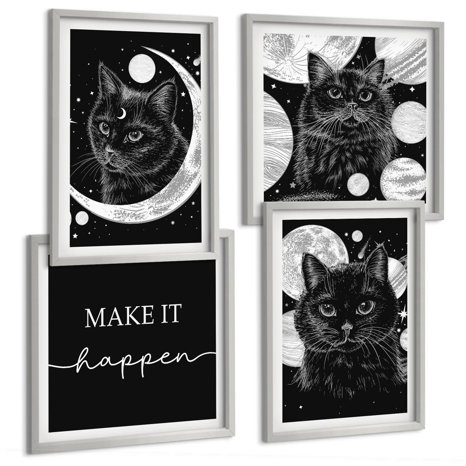 BILDER SET 4er Set - 50x50 cm & 40x60 cm Silberner Rahmen - Schwarze Katzen, Mond, Planet - Silberfarben, Kunststoff (50/50cm) - TULUP