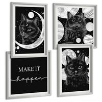 BILDER SET 4er Set - 50x50 cm & 40x60 cm Silberner Rahmen - Schwarze Katzen, Mond, Planet - Silberfarben, Kunststoff (50/50cm) - TULUP