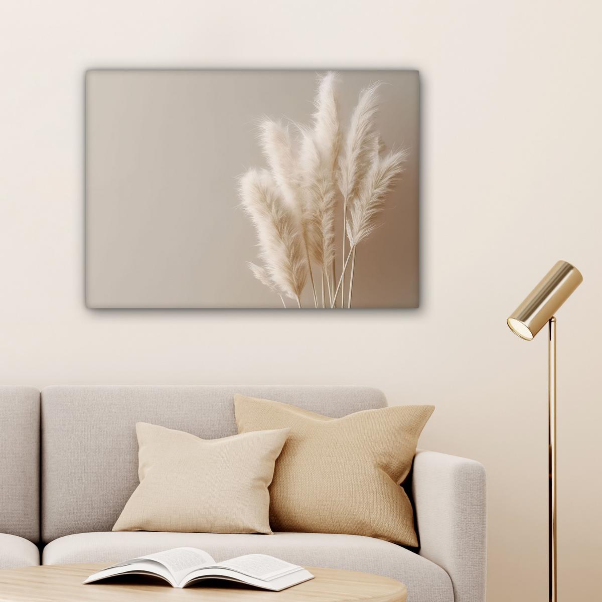 LEINWANDBILD Pampasgras - Federn - Pastell - Weiß Wandbilder 80x60 cm - Naturfarben, Textil (80/60cm) - MuchoWow