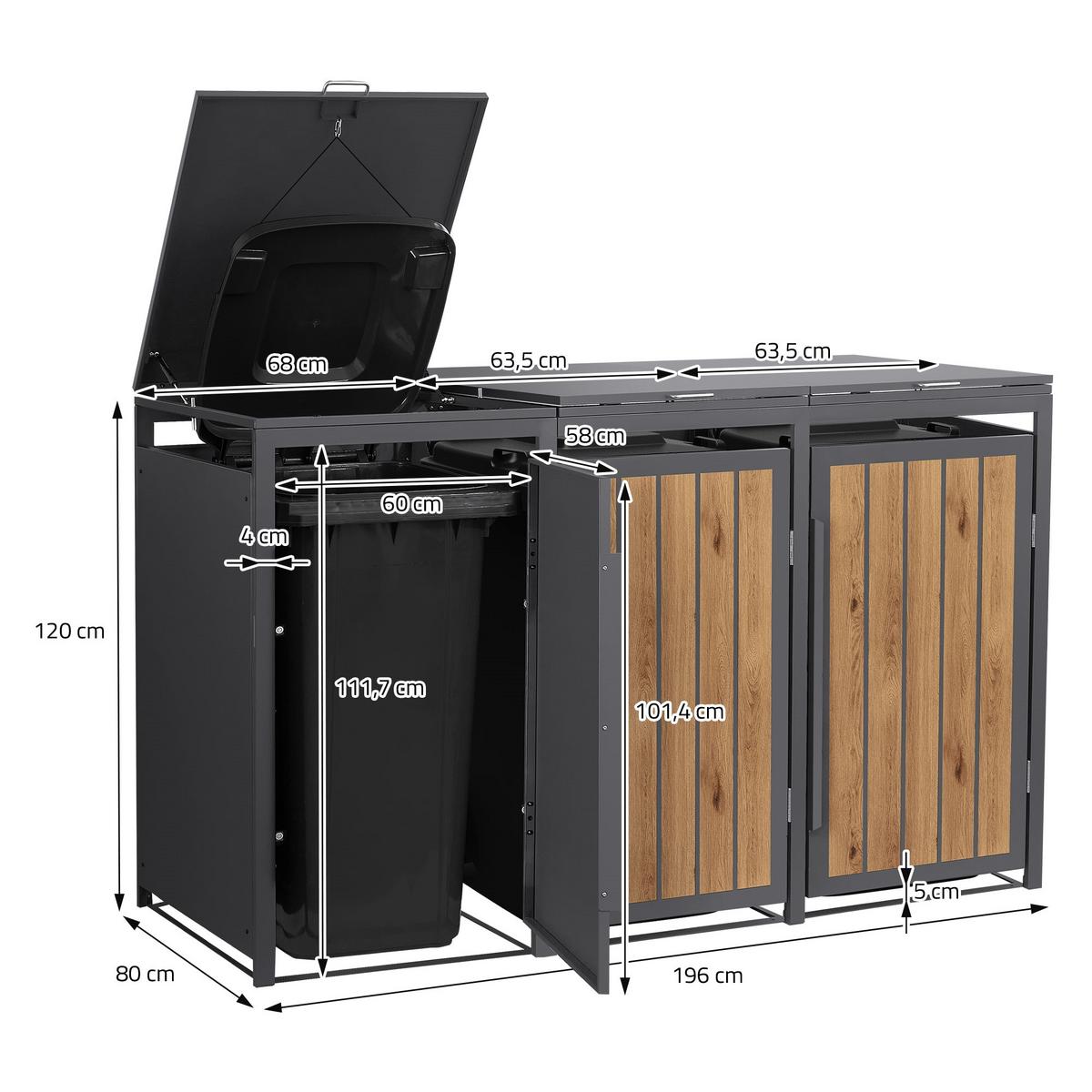 MÜLLTONNENBOX 3er 240L 196x80x120 cm Anthrazit-Eiche hell aus Stahl - Hellbraun, Metall (80/120/196cm) - ML-DESIGN