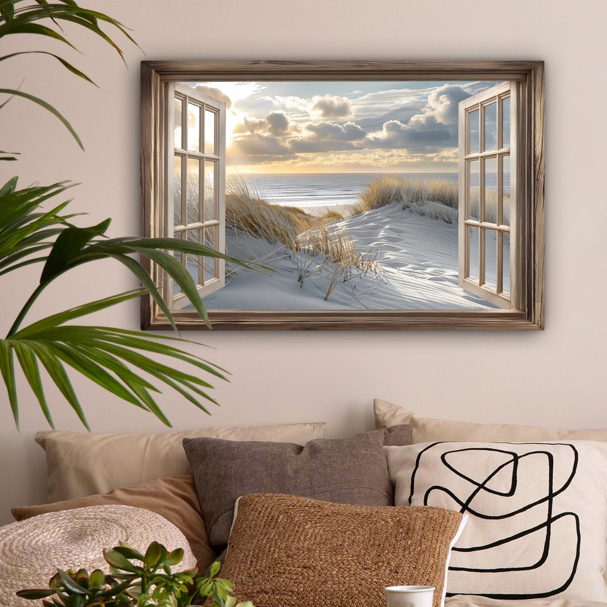LEINWANDBILD Ausblick - Strand - Dünen - Meer - Natur Wanddeko 90x60 cm - Sandfarben, Textil (90/60cm) - MuchoWow