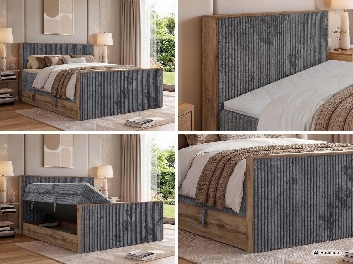 BOXSPRINGBETT WOOD KING DUO 180/200 - Grau Cord - Topper Visco - H4 - Schwarz/Grau, Kunststoff/Textil (180/200cm) - MKS