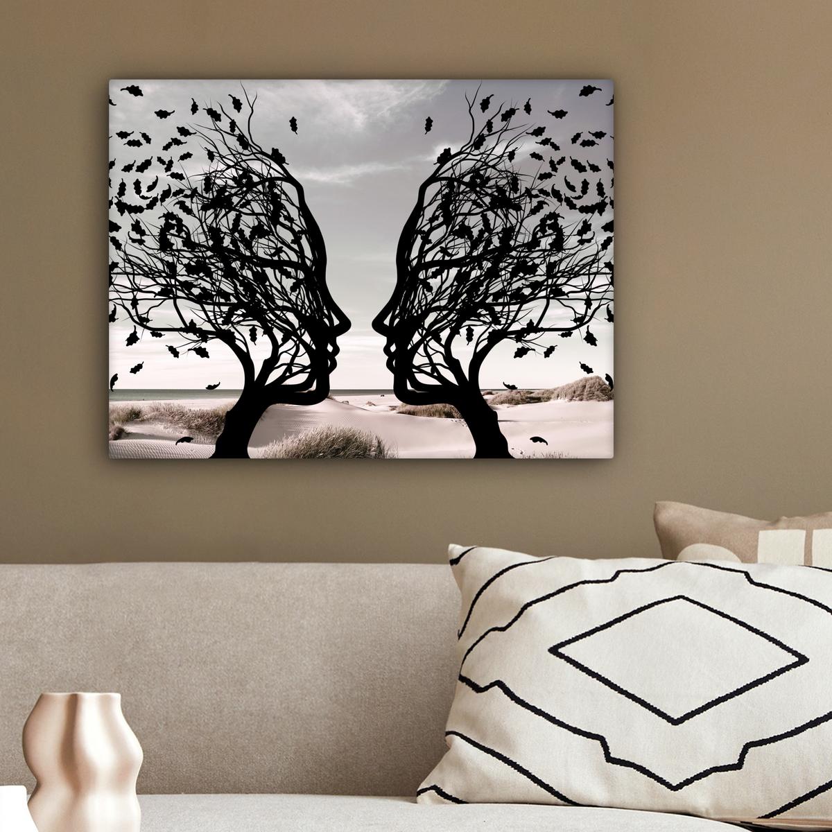 LEINWANDBILD Strand - Meer - Menschen - Baum - Moderne Kunst Wandbild 40x30 cm - Hellgrau, Textil (40/30cm) - MuchoWow