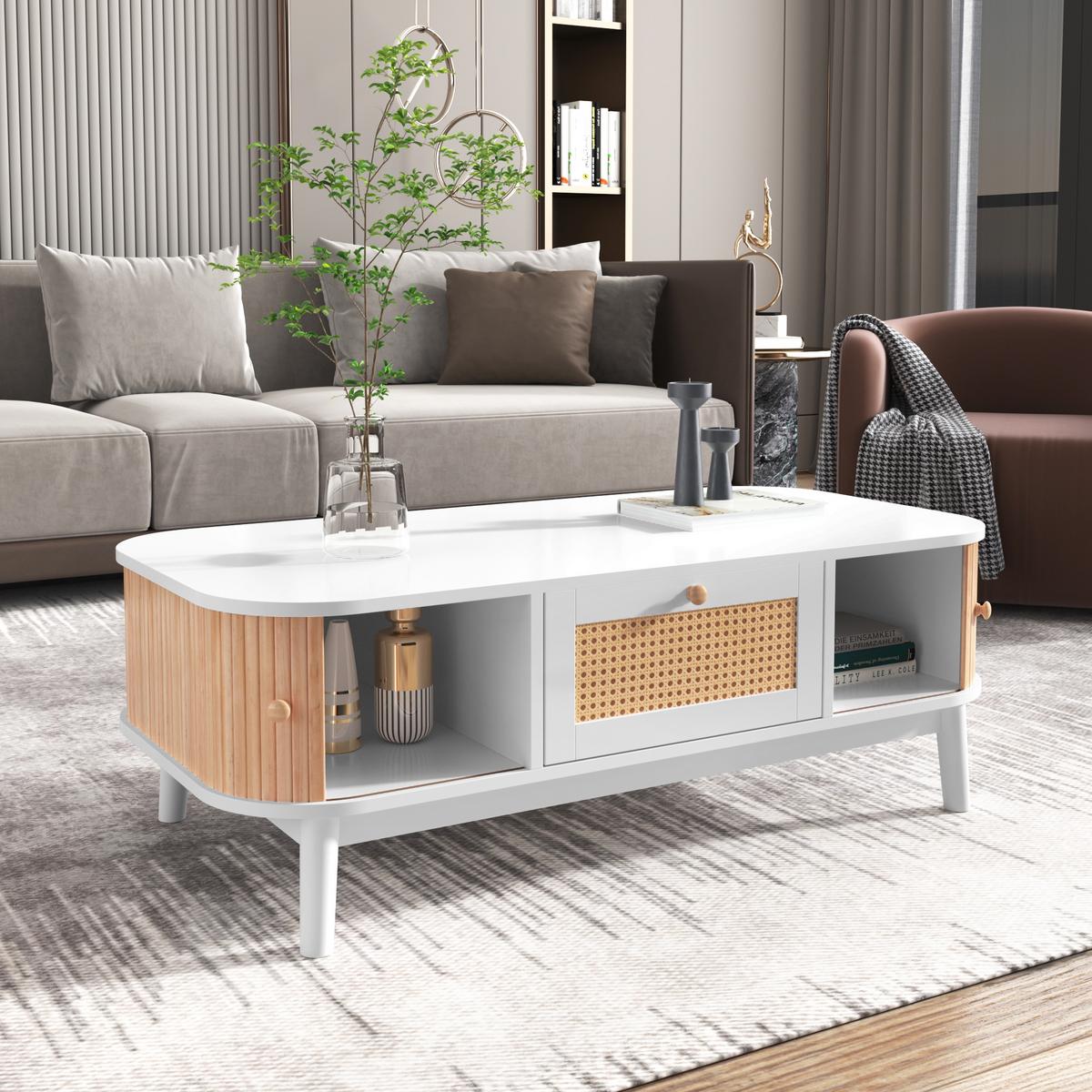 COUCHTISCH weiß & holz-optik mit rattan-schublade & massivholz-schiebetüren - Weiß, Holzwerkstoff (55/110/38.5cm) - Urban Meuble