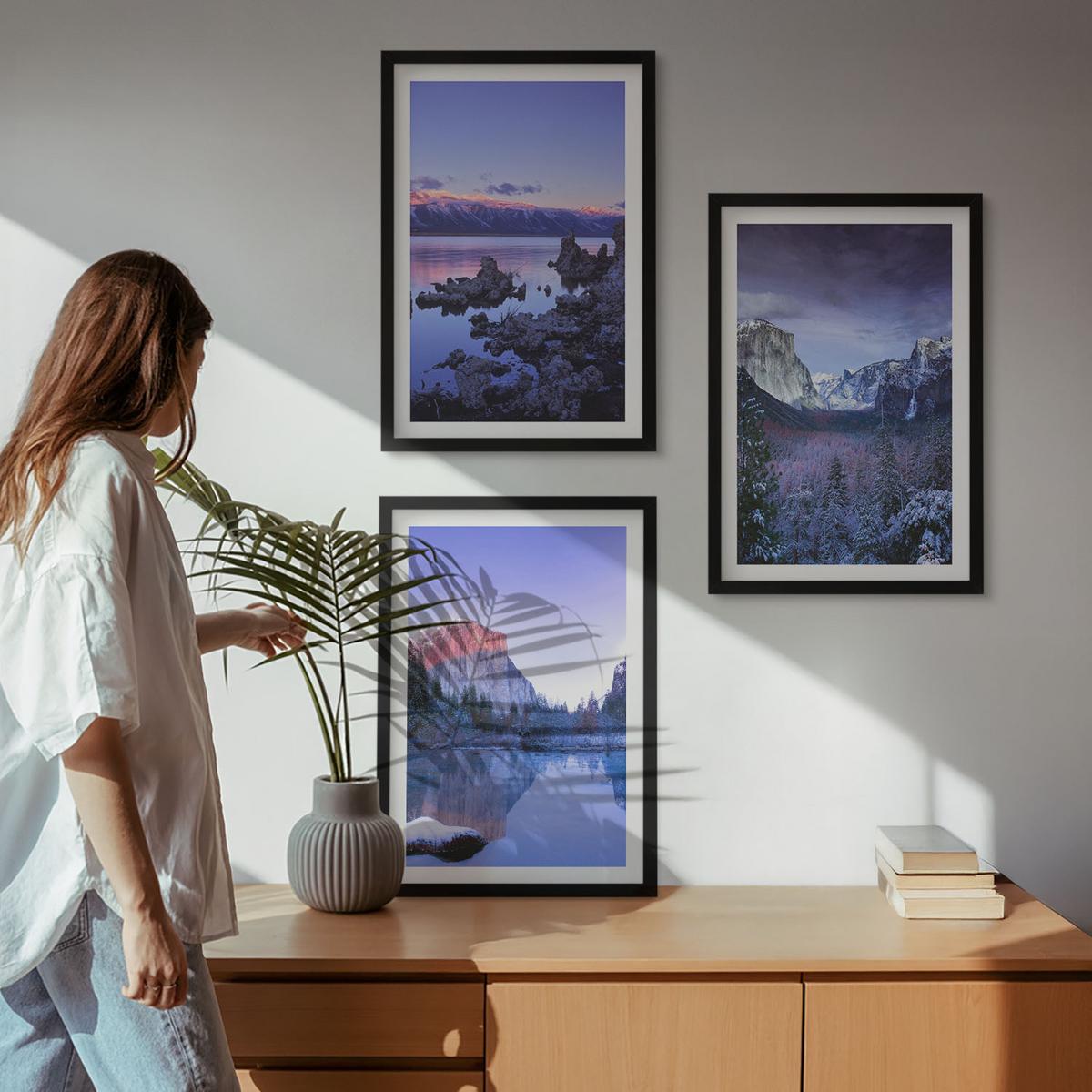 BILDER SET 3er Set - 40x60 cm Schwarzer Rahmen - Berglandschaften, Sonnenuntergang, Wasser - Schwarz, Kunststoff (40/60cm) - TULUP