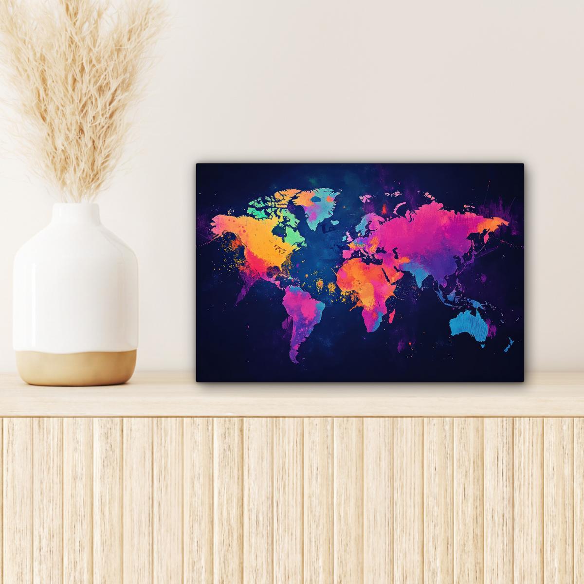 LEINWANDBILD Weltkarte - Bunt - Graffiti Deko Schlafzimmer 30x20 cm - Multicolor, Textil (30/20cm) - MuchoWow