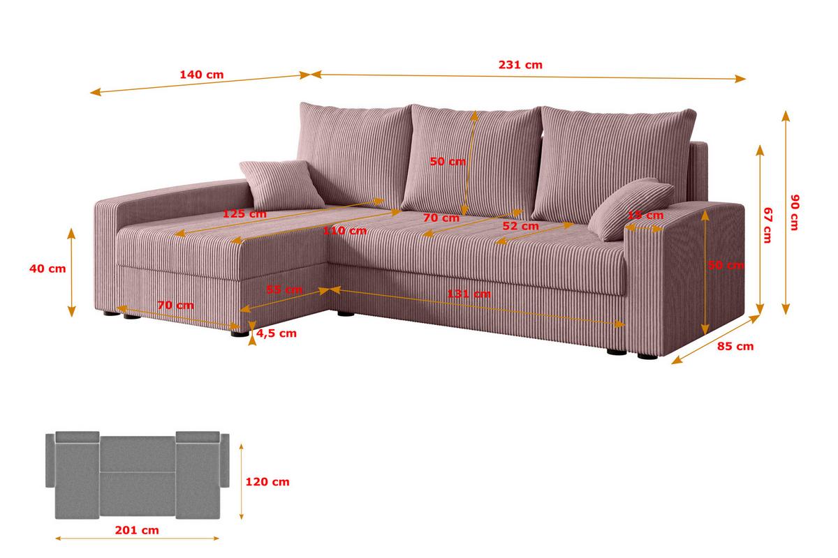 ECKSOFA mit Schlaffunktion und Bettkasten ALESIA-L 231x140x90 cm Rosa Cord - Silberfarben/Rosa, Holzwerkstoff/Kunststoff (231/140cm) - ALTDECOR