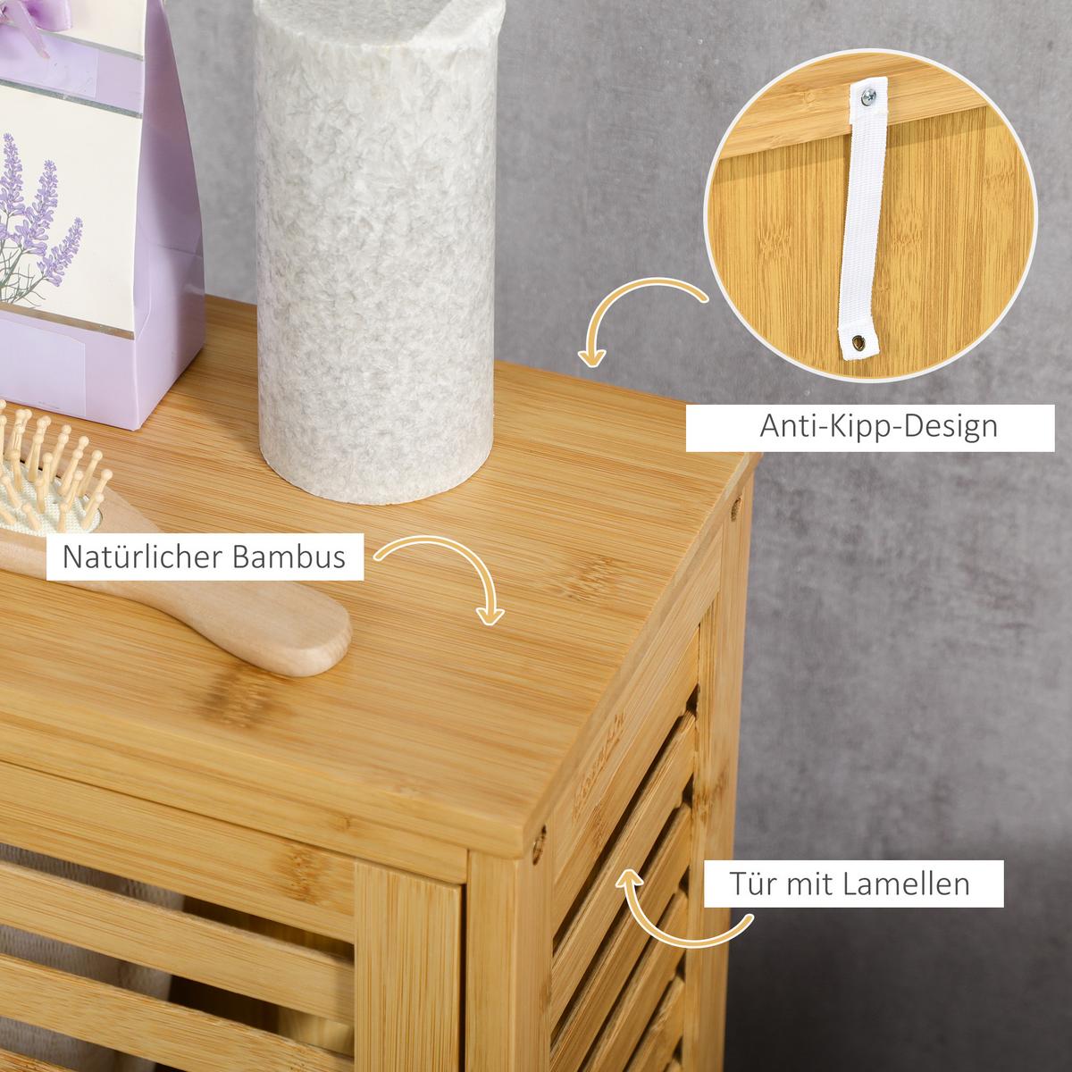 BADSCHRANK Badezimmerschrank, Bad Beistellschrank mit Lamellentür, 2 Fächern - Naturfarben, Holz (19.9/70/30cm) - Kleankin