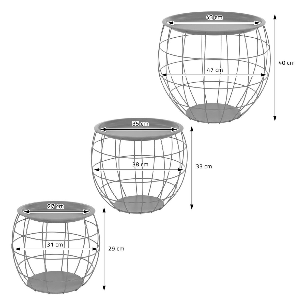 BEISTELLTISCH rund Ø31cm/Ø38cm/Ø47cm Grau aus Metall - Grau, Metall (43/43/40cm) - ML-DESIGN