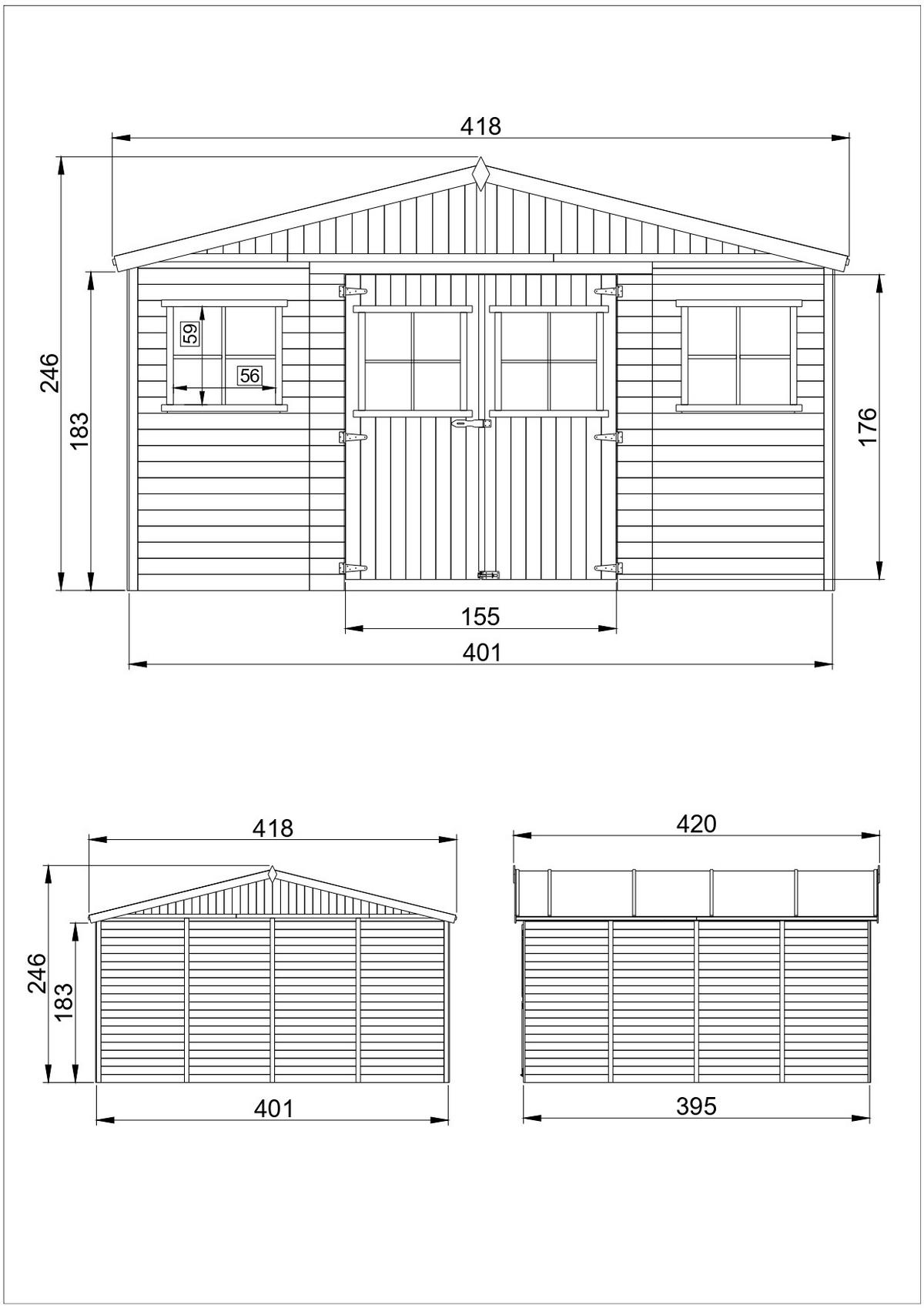 HOLZ-GARTENHAUS MIT IMPRÄGNIERTEM BODEN - H246 x 418 x 420 cm/ 16 m² - M330+330G - Beige, Holz (418/252/420cm) - Timbela