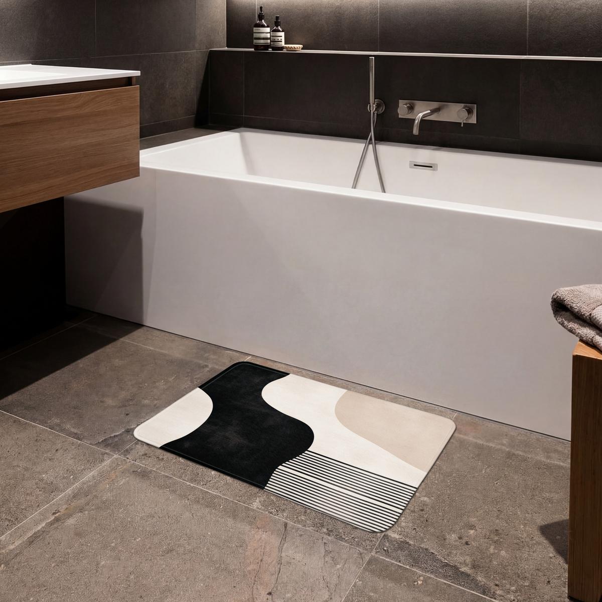 BADEMATTE Abstrakt - Japandi - Beige - Modern 60x40 cm - Beige/Schwarz, Textil (60/40cm) - OnlyWow
