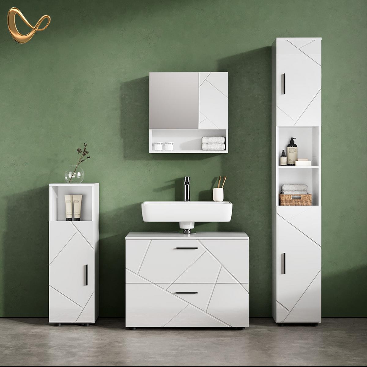 BADMÖBEL-SET Ronco Weiß Hochglanz 4 Teile, mit Schubladenschrank und Hochschrank - Weiß Hochglanz, Holzwerkstoff (80/58/41cm) - Livinity®