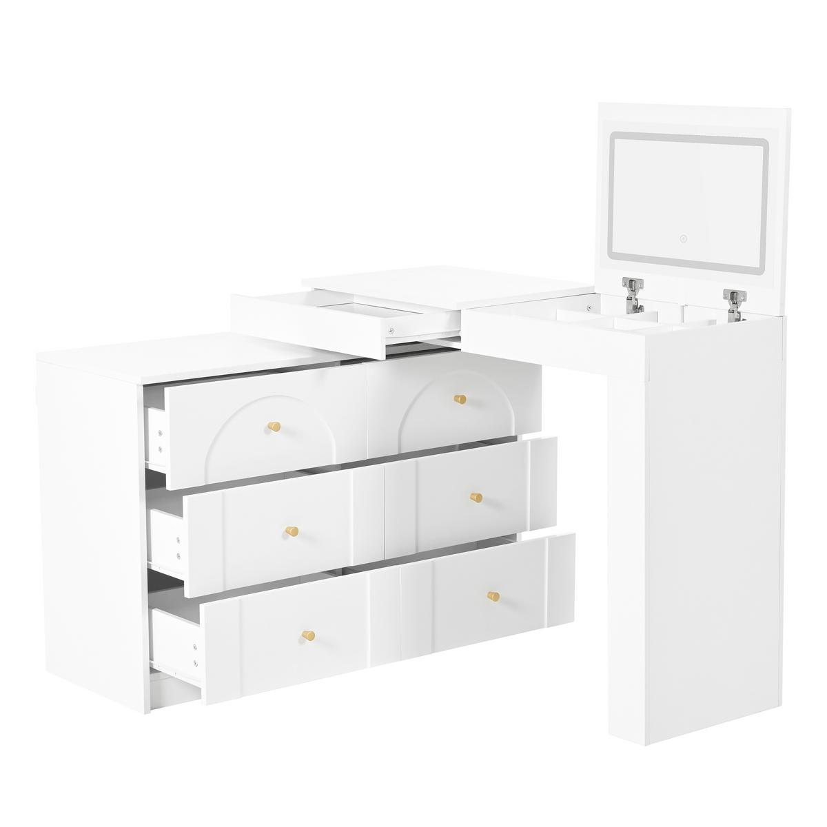 SCHMINKTISCH 2-in-1 Schreibtisch (drehbar) in Weiß mit LED-Spiegel & 7 Schubladen - Weiß, Holzwerkstoff (105/80/40cm) - Urban Meuble