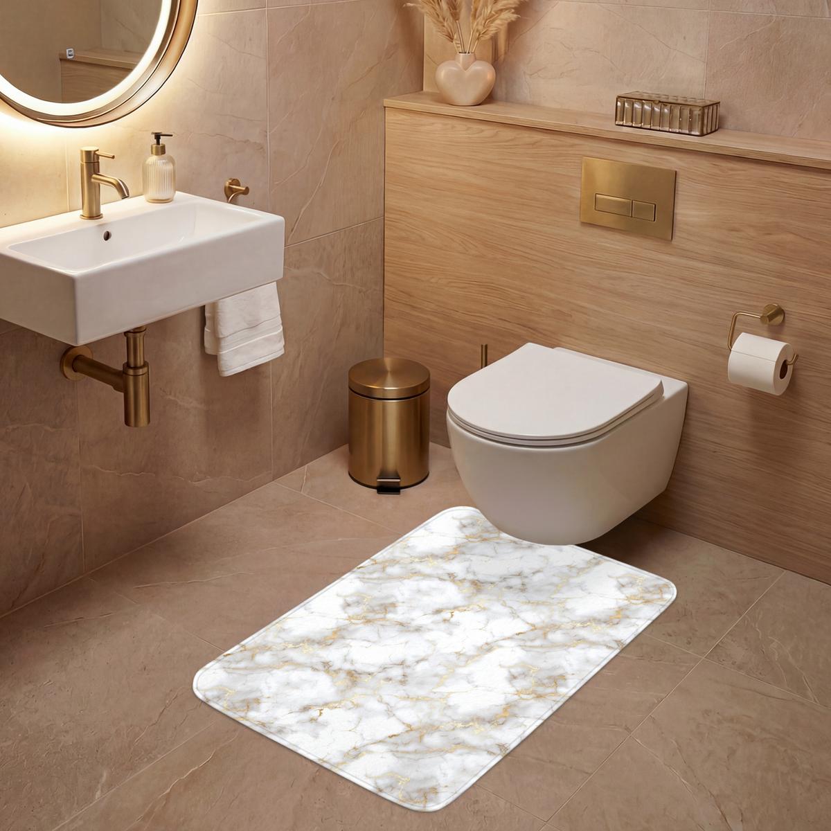 WC-VORLEGER Goldene Adern - Marmor - Weiß Toilettenvorleger 60x90 cm - Weiß, Textil (60/1cm) - OnlyWow