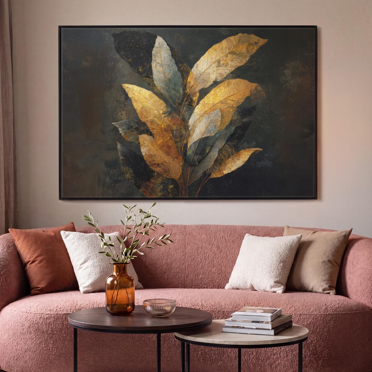 LEINWAND Bilder mit Rahmen - Golden Leaf Komposition - Botanical Luxury - 140x90 - Goldfarben, Textil (140/90cm) - MuchoWow