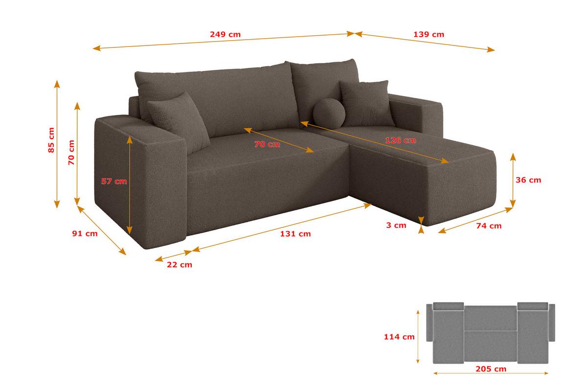 ECKSOFA mit Schlaffunktion Ottomane Rechts SENO-L 249x139x85 Braun Bouclé - Schwarz/Braun, Holzwerkstoff/Kunststoff (249/139cm) - ALTDECOR