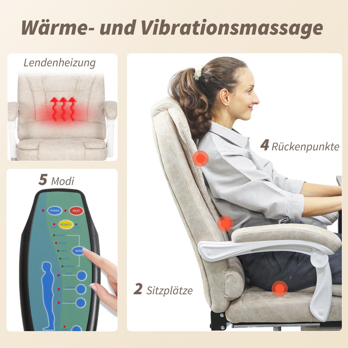 BÜROSTUHL mit Massagefunktion, Ergonomisch Schreibtischstuhl mit Liegefunktion - Silberfarben/Creme, Kunststoff/Textil (70/119/65cm) - Vinsetto