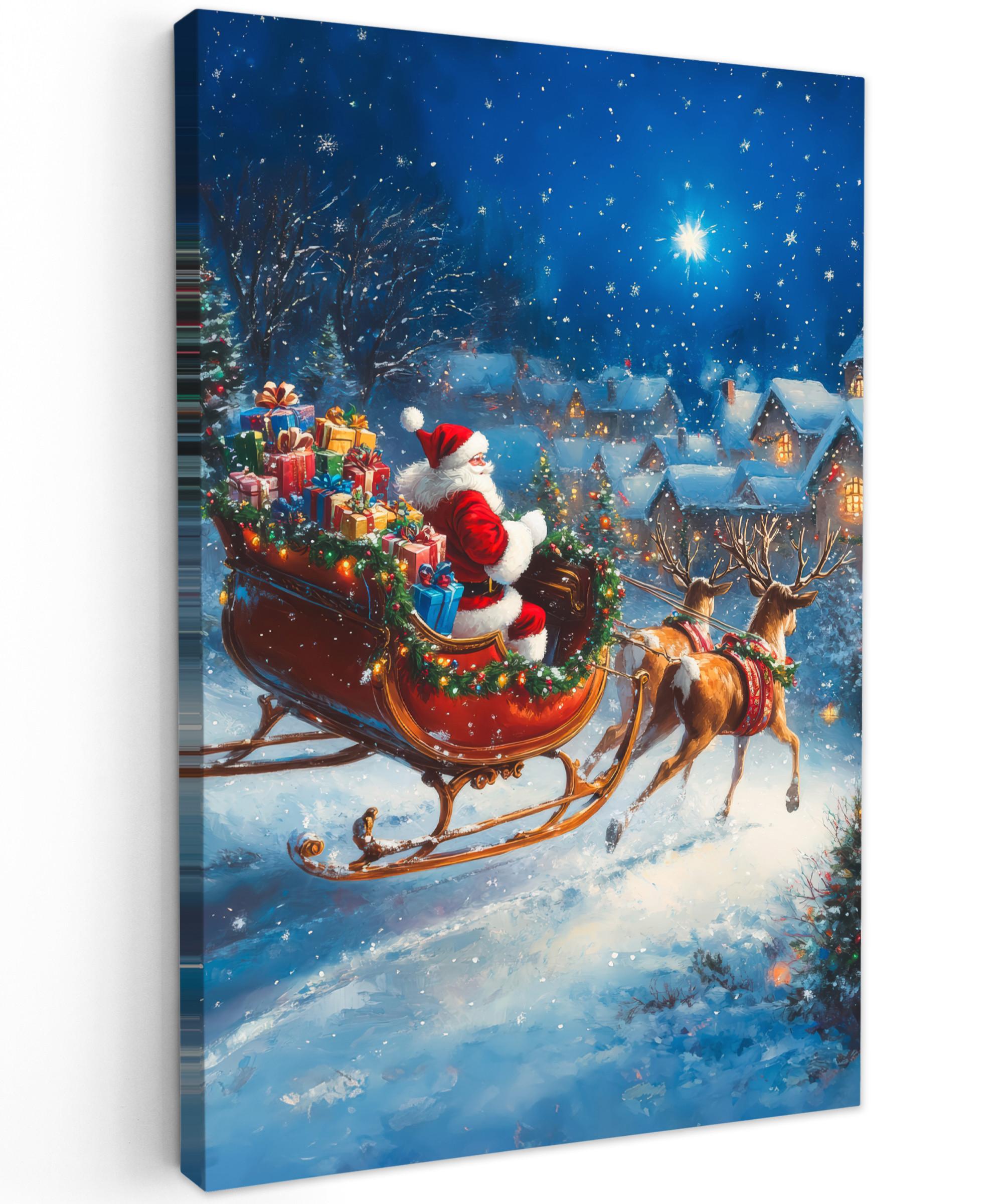 LEINWANDBILD Weihnachtsmann - Rentier - Weihnachten - Schnee Deko Groß 90x140 cm - Cognac, Textil (90/140cm) - MuchoWow