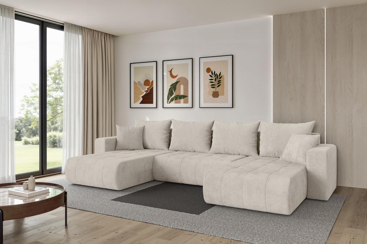 WOHNLANDSCHAFT mit Schlaffunktion und Bettkasten MILA-U 378x194x86 Creme Cord - Ecru/Creme, Holzwerkstoff/Kunststoff (378/86/194cm) - ALTDECOR