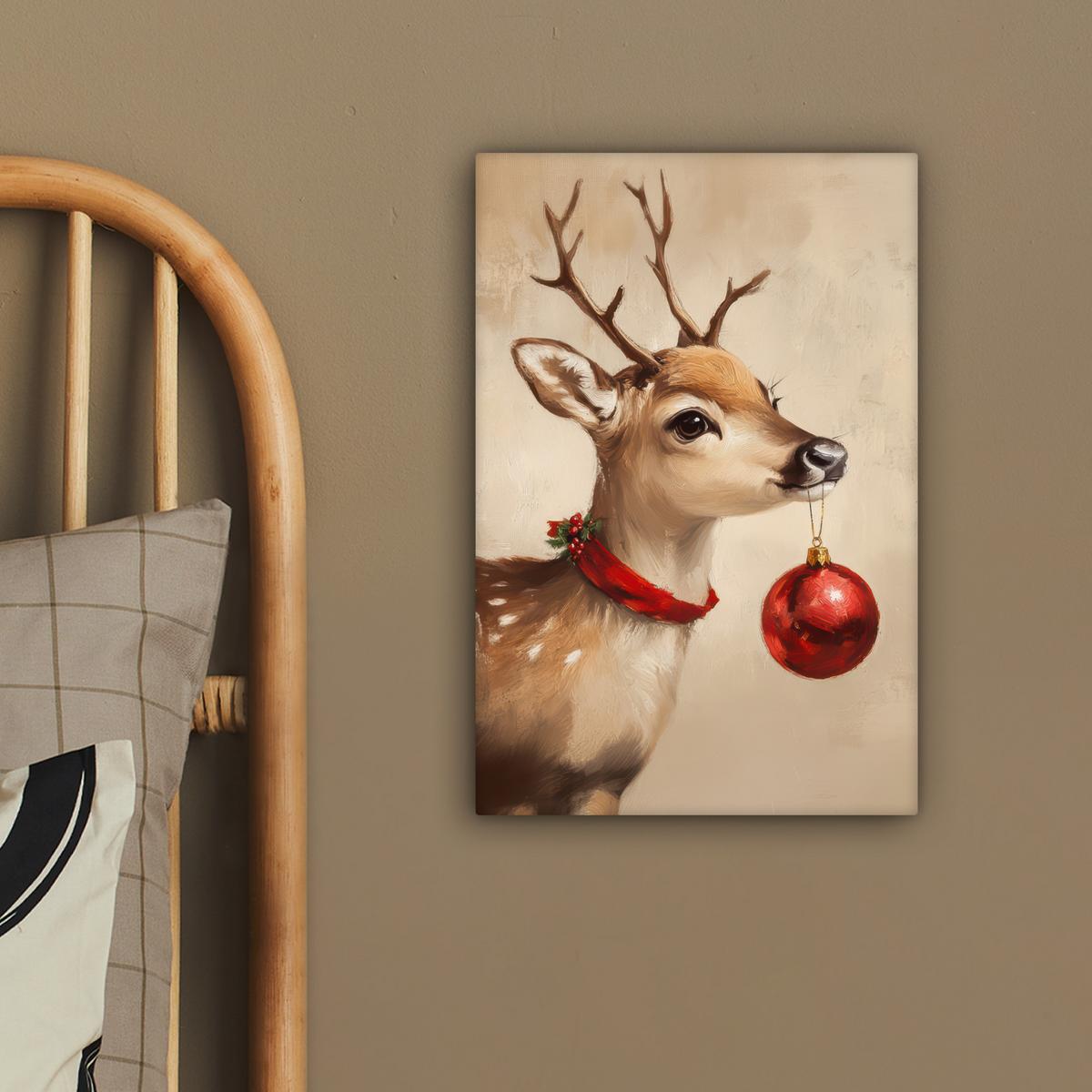 LEINWANDBILD Weihnachten - Hirsch - Geweih - Weihnachtskugel - Rentier Deko Wohnzimmer 20x30 cm - Hellbraun, Textil (20/30cm) - MuchoWow