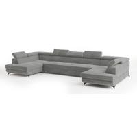 WOHNLANDSCHAFT URMANO Hellgrau Velours-Stoff mit Schlaffunktion - Hellgrau, Holz (395/89/190cm) - MASSENO