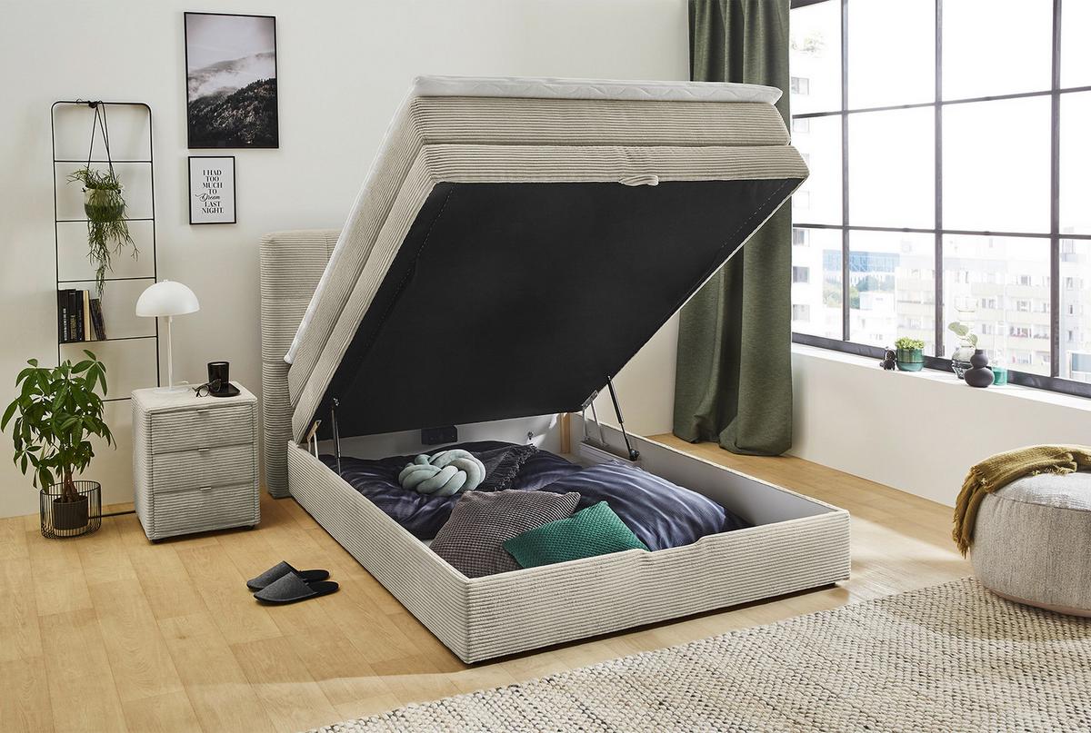 BOXSPRINGBETT 140x200 cm, 7-Zonen-Tonnentaschen-Federkernmatratze H3, Topper, Bonell-Federkern, großer Bettkasten, Cord Beige Grau / 20036 - Greige/Schwarz, Kunststoff/Textil (140/200cm) - luma-home