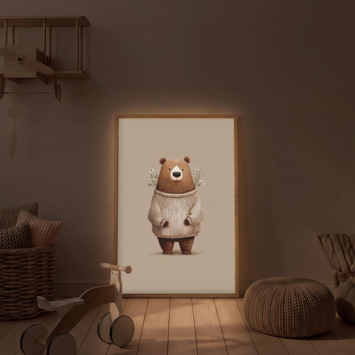 WANDLEUCHTE MIT AKKU Bär - Weiße Blumen - Gemütlich 60x90 cm - Taupe, Holzwerkstoff (60/90/8cm) - OnlyWow