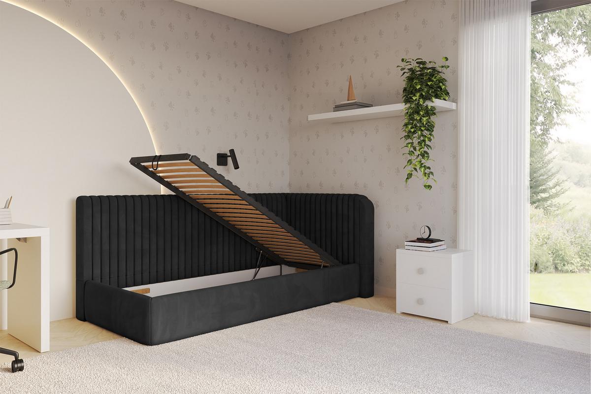 EINZELLBETT Jugendbett mit Bettkasten und Matratze H3/H4, Links - AURY 90x200 Schwarz - Schwarz, Holzwerkstoff/Textil (90/200cm) - ALTDECOR