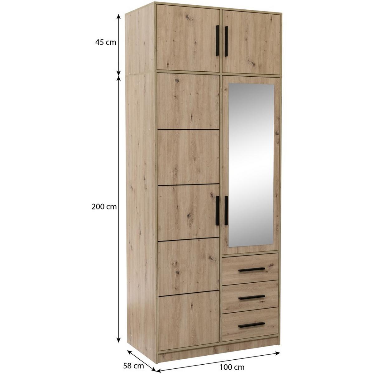 DREHTÜRENSCHRANK Kavo mit Aufsatz, Spiegel und 2 Türen, eiche Artisan - Schwarz/Eiche Artisan, Holzwerkstoff (100/245/58cm) - Beautysofa