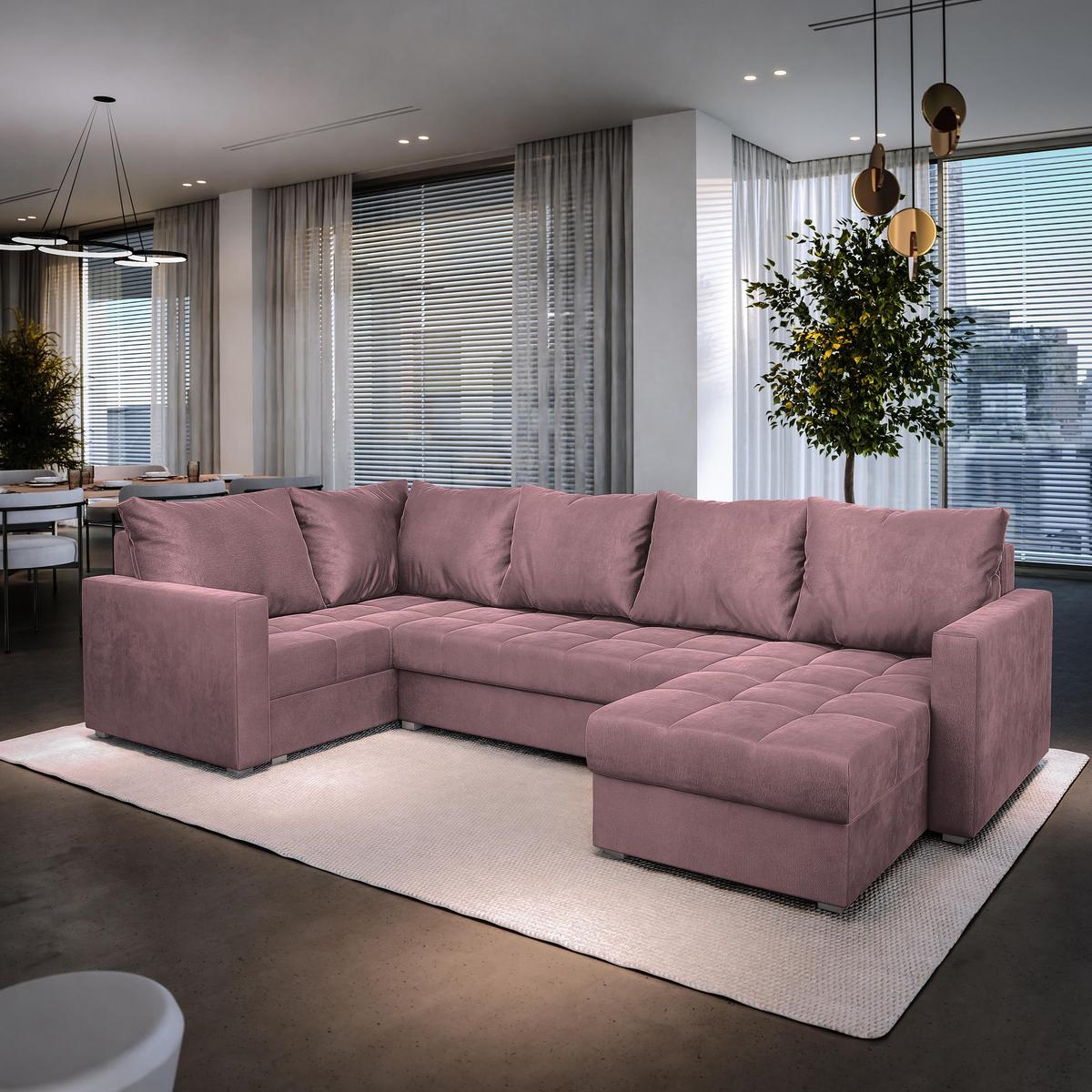 WOHNLANDSCHAFT LORIVO L-S Rosa Plüsch-Stoff mit Schlaffunktion - Rosa/Grau, Holz/Kunststoff (285/85/150cm) - MASSENO
