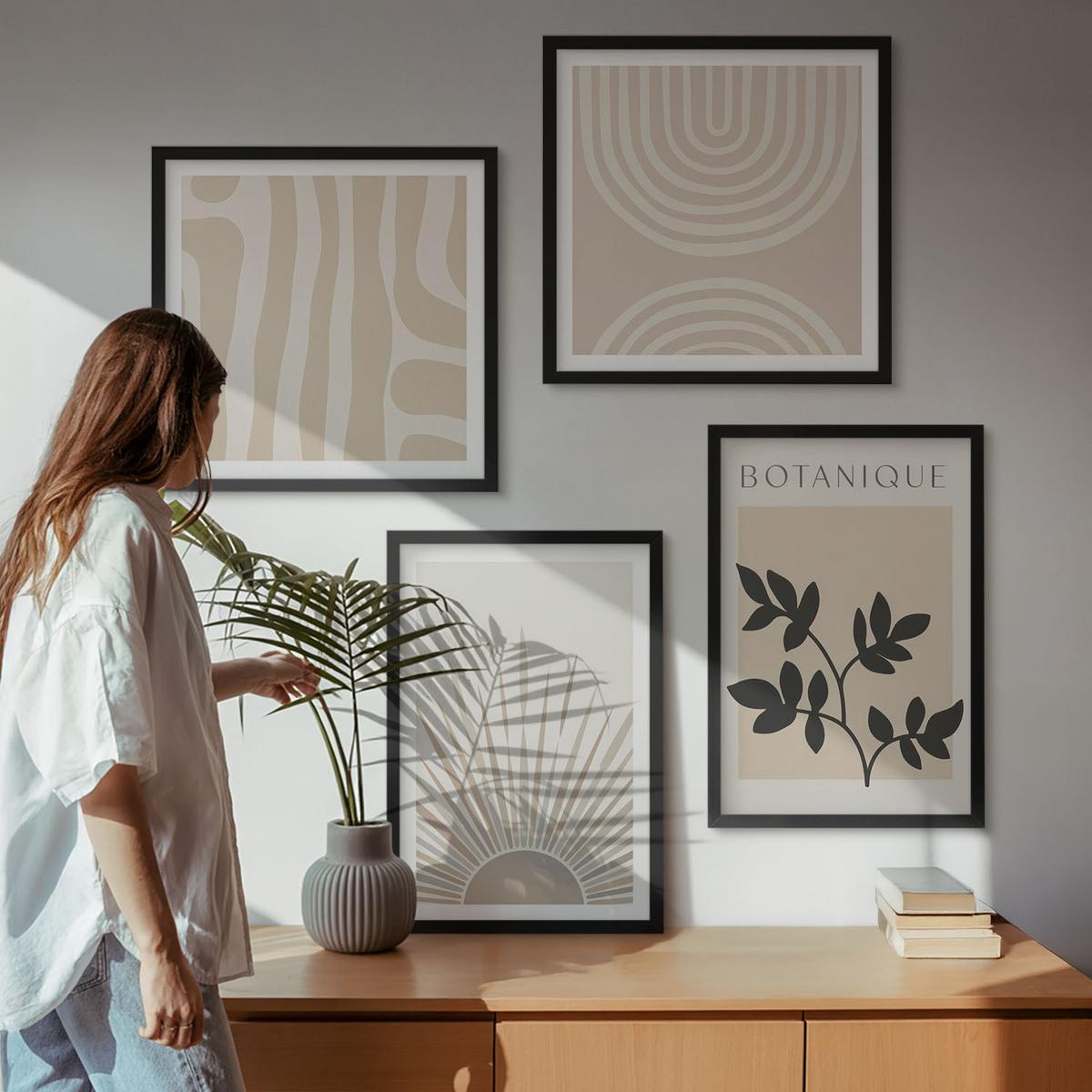 BILDER SET 4er Set - 50x50 cm & 40x60 cm Schwarzer Rahmen - Abstrakte Pflanzenmuster - Schwarz, Kunststoff (50/50cm) - TULUP